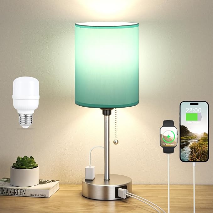 Small Bedside Table Lamp for Bedroom - Desk Lamp with USB Ports for Dorm | USB A+C Ports, AC Outlet, 3 Color Temperatures, LED Bulb Included, Teal Fabric Shade, Sleek Silver Base, 14" Night Stand Lamp