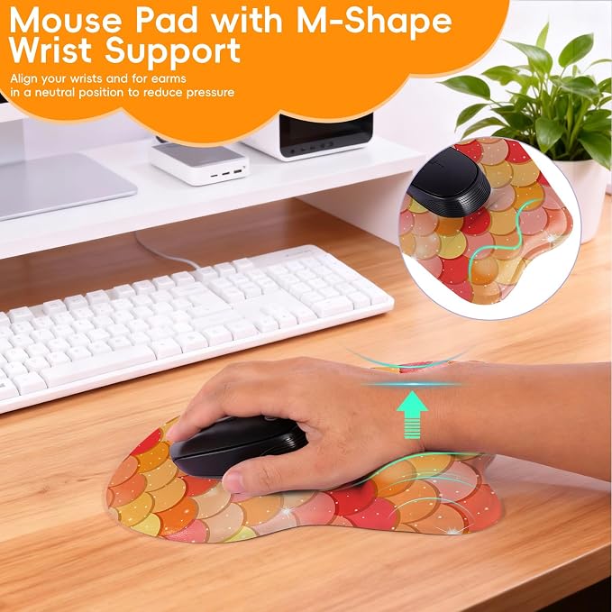 Mouse Pad with Wrist Rest Ergonomic Mouse Pad with Comfortable M-Shape Pain Relief Wrist Support Non-Slip PU Base Mousepad for Laptop, Office & Home (Orange Mermiad)
