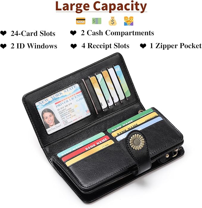 SENDEFN Wallets for Women Leather Credit Card Holder with RFID Blocking Large Capacity Wristlet | with RFID Blocking