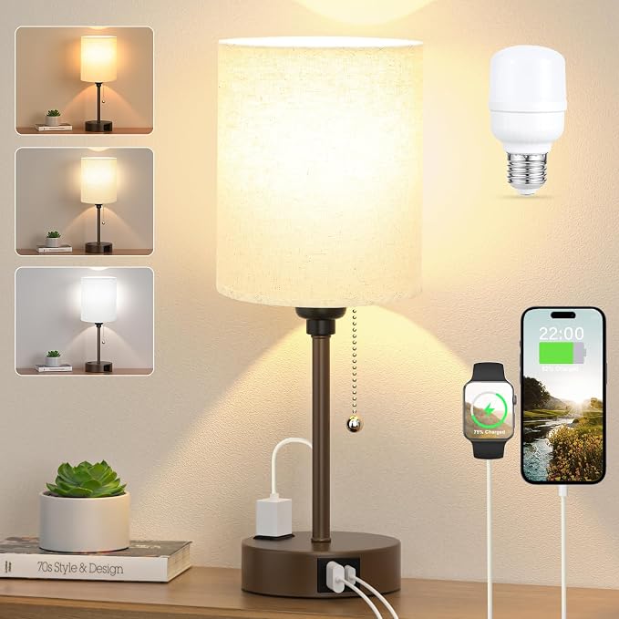 Small Bedside Table Lamp for Bedroom, Desk Lamp with USB Ports for Dorm | USB A+C Ports, AC Outlet, 3 Color Temperatures, LED Bulb Included, Beige Fabric Shade, Coffee Base, 14" Night Stand Lamp