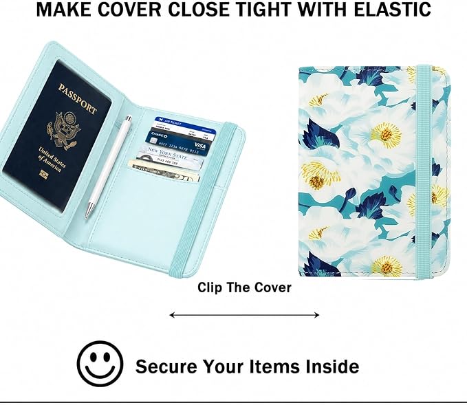 RFID Blocking Passport Holder for Travel – PU Leather Waterproof Lightweight Passport Cover Wallet for Women Men, Travel Organizer with Card Slots for Airline Tickets & Passport Book, Flower A