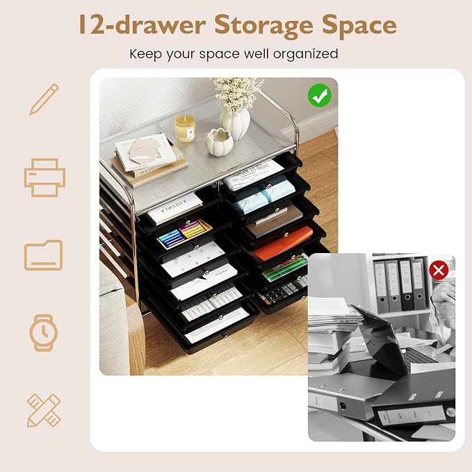 COSTWAY 12-Drawer Rolling Storage Cart, Utility Storage Organizer Cart | For Tools, Scrapbook, Paper, Craft, Multipurpose Art Supply Organizer on Wheels for Home Office School, Teacher, Black