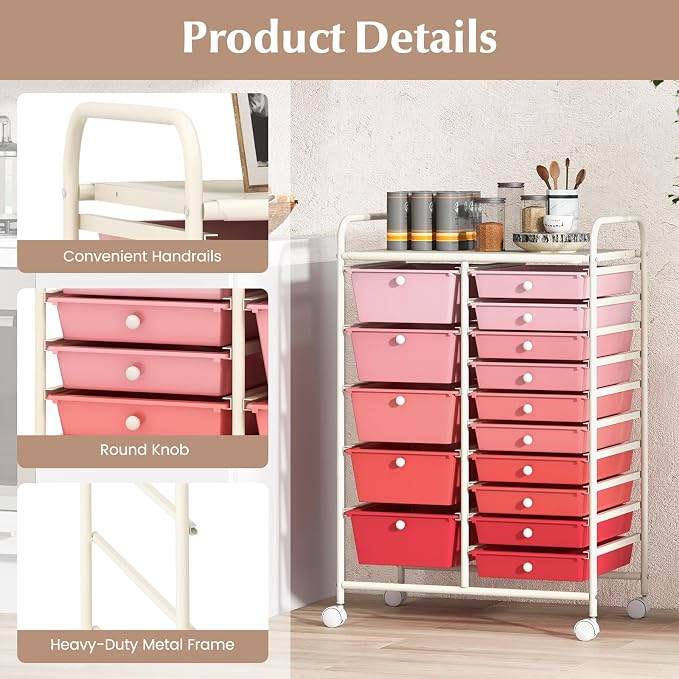 COSTWAY 15 Drawer Rolling Storage Cart, Mobile Storage Organizer | Removable Drawers & Metal Frame, Multipurpose Utility Tools Paper Organizer on Wheels for Home, Office (Mixed Pink)