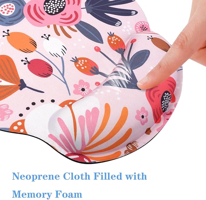 WAVEYU Ergonomic Mouse Pad with Wrist Support for Women Girls, Cute Pretty Mouse Mat Non-Slip Rubber Base Mousepad for Desk Laptop Gaming Working Computers Easy Typing & Pain Relief, Pink Flower