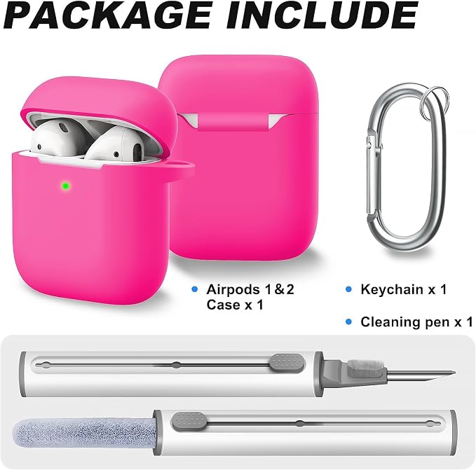 for AirPods Case Cover, Come with Cleaner Kit, Soft Silicone Protective Cover with Buckle, Compatible with Apple AirPods 2nd 1st Generation Charging Case, Front LED Visible, Luminous Pink