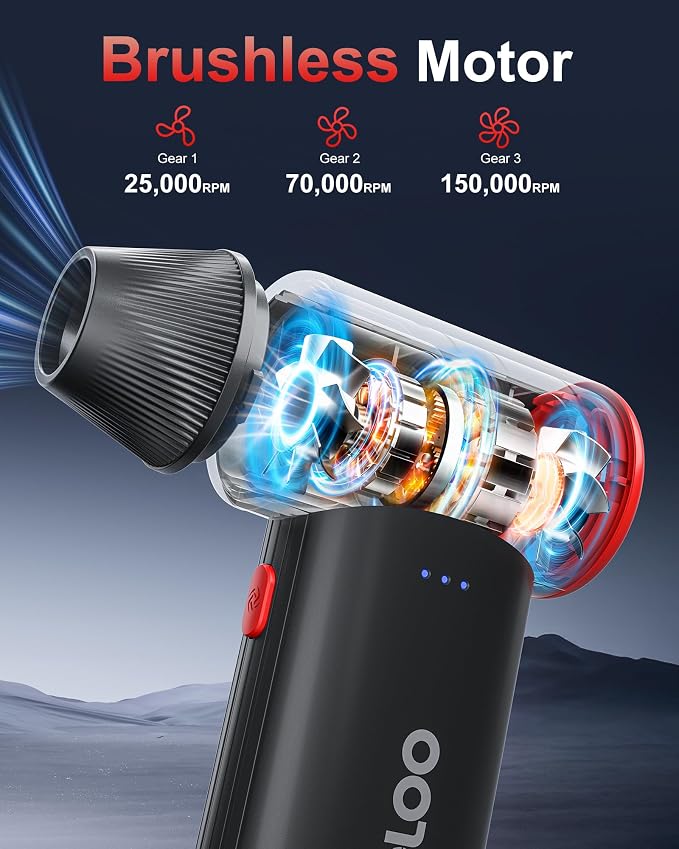 GOOLOO F3 Compressed Air Duster, 150000RPM Duster for Cleaning, 3-Gear Rechargeable Electric Air Blower with Fast Charging, Cordless Mini Blower for PC, Computer, Car, Keyboard, Outdoor