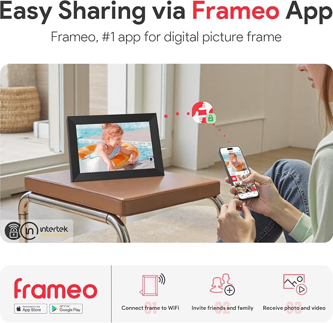 Skyrhyme 10.1 Inch Digital Picture Frame with 32GB Storage, Frameo WiFi Digital Photo Frame, 1280 * 800 IPS Touch Screen, Auto-Rotate Slideshow, Easy to Share Photo/Video via Free App