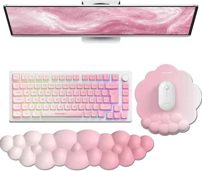 TECKNET Cloud Wrist Rest & Ergonomic Mouse Pad, Cloud Keyboard Wrist Rest with Non-Slip Base, PU Leather Memory Foam Wrist Pad for Keyboard and Mouse, Pain Relief for Typing, Gaming, Pink