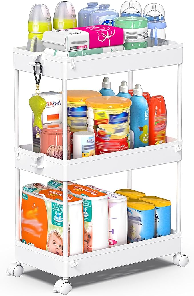 SPACEKEEPER 3 Tier Rolling Cart, Bathroom Cart Organizer with Wheels, White | Mobile Storage Cart for Laundry Room Organization,Kitchen,Office,Bathroom, Utility Cart for Snack,Craft,Art,Makeup,Nail,Toys