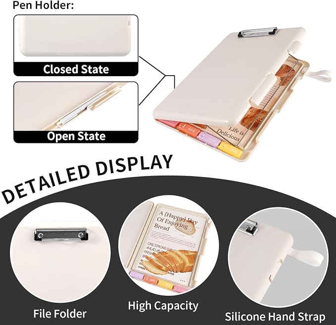 Letter Size Clipboard with Storage, Plastic Clipboard with Side Opening, A4 Waterproof Foldable Nursing Clip Board for School & Office with Christmas Stickers (Khaki)