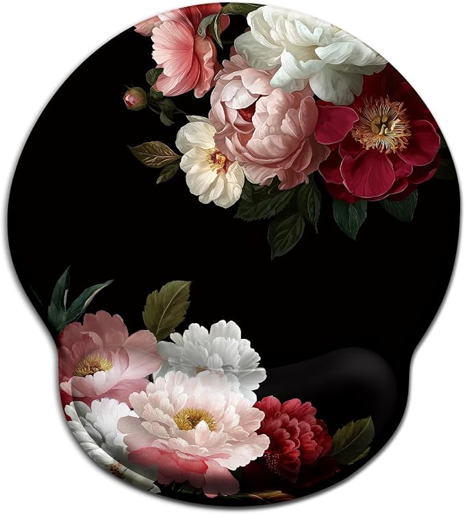LIMKRIAN Black Flower Ergonomic Mouse Pad with Wrist Rest, 9.8 x 8.6 in | Comfort Gel Wrist Support Pain Relief, Non-Slip PU Base, Smooth Surface, Mousepad for Computer Office Desk Accessories Decor