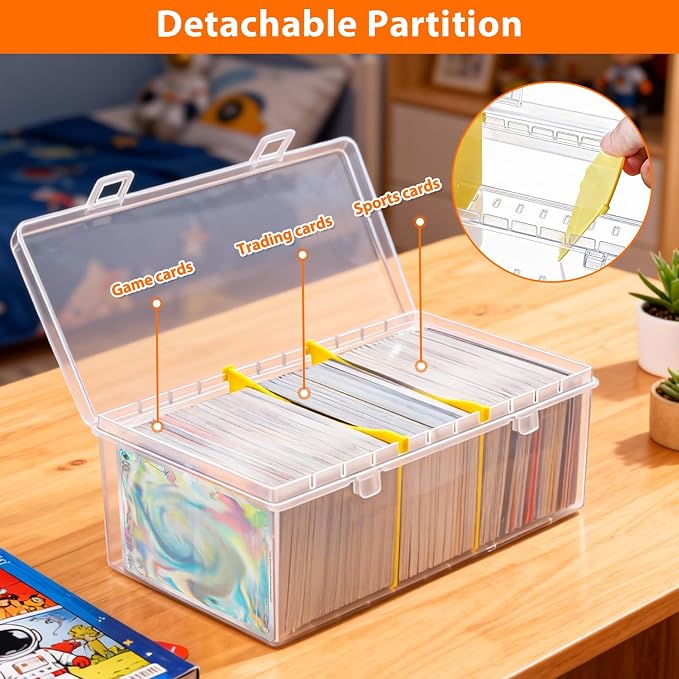 SAMYUCHO Trading Card Storage Box with 2 Dividers for 500 Sports Cards, Plastic Bulk Display Holder Collection Organizer Cases Container Fit for Baseball Football Playing Magic Cards 1 Pcs