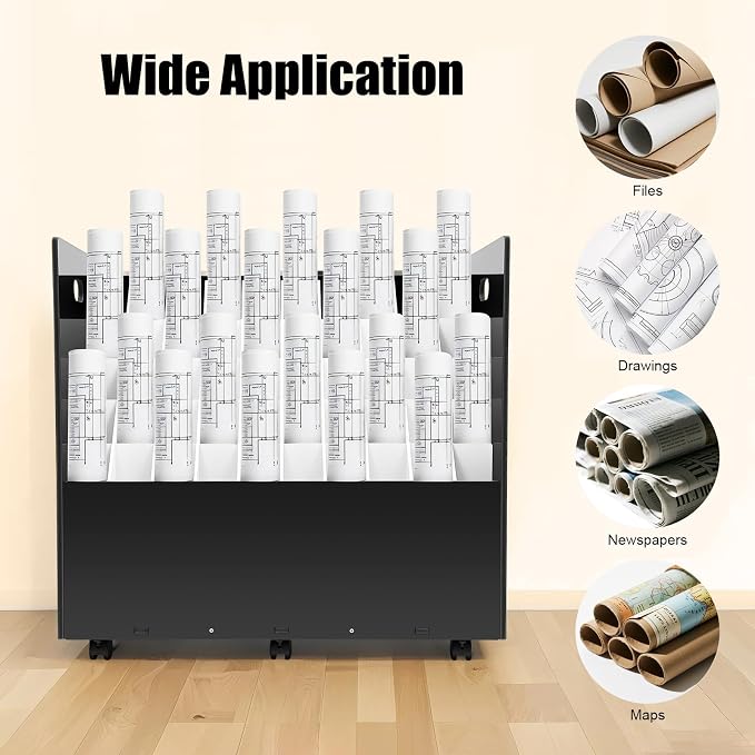 Blue Print Storage Organizer with Wheels, 50 Slots Mobile Blueprint Storage Rack Cart, Construction Plan Holder Roll Files Cart Map Poster Storage Cabinet for Office Home School, Black