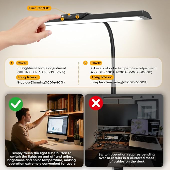 LED Desk Lamp with Clamp, Stepless Dimming Flicker-Free for Home Office | Architect Lamp, DC Adapter, 25 Modes, 12.8in Flexible Gooseneck, Eye-Friendly for Workbench & Reading