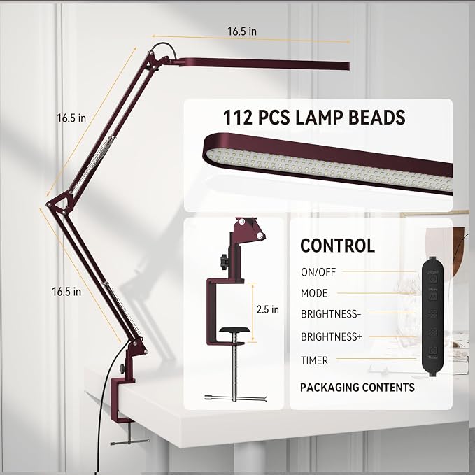 Desk Lamp - LED Desk Light - 5 Color Modes X 11 Brightness Levels - Adjustable Swing Arm - Timmer & Memory Function - 12W Lamp for Desk - Red
