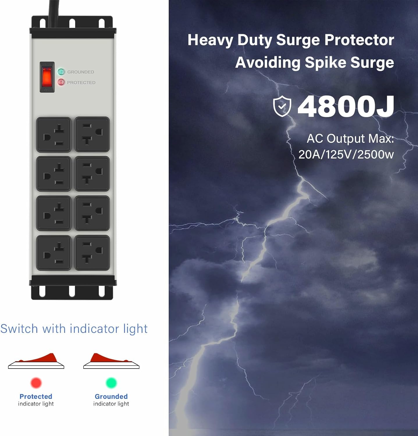 CCCEI Grey Heavy Duty Power Strip Surge Protector 20 AMP, 8 Outlets 12 Gauge Industrial Shop Garage Metal Multiple Outlets, 25 FT Extension Cord 5-15P Adapter High Amp 6-20R T-Slot 20a for Appliance
