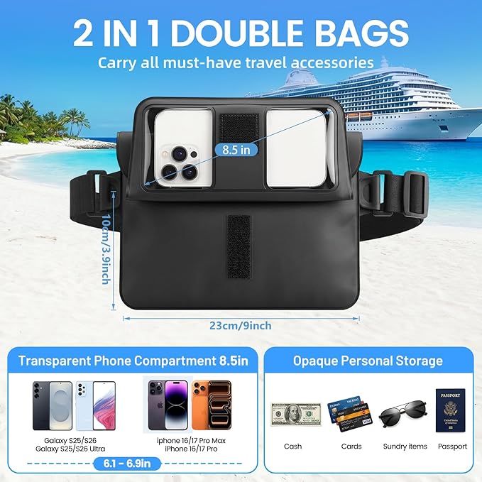 Niveaya 2 Pack Waterproof Fanny Pack for Women Men, IPX8 Waterproof Pouch Dry Belt Bag for Beach, Kayaking, Swimming, Double Space Touchscreen & Photography,Boat Travel Essentials