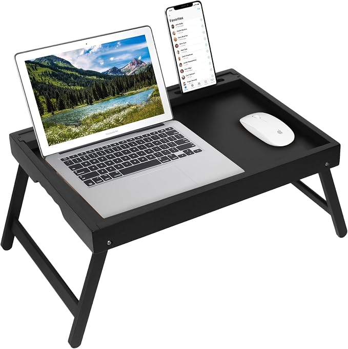 Artmeer X-Large Bamboo Bed Tray with Device Slot and Folding Legs, Black | X-large FSC-certified bamboo bed tray with device slot, folding legs and extra space for meals, laptops and reading in bed.