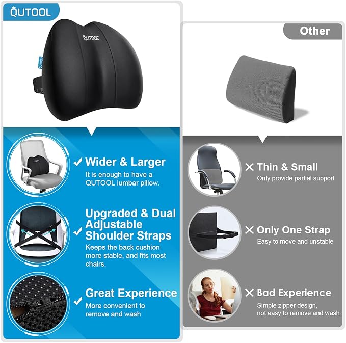 QUTOOL Lumbar Support for Office Chair Pressure Relief Improve Posture | Ergonomic Lower Back Support Pillow with Adjustable Straps,High-Density Memory Foam,Washable Cover,Long Sitting Comfort