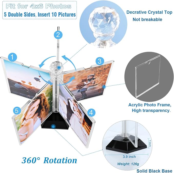 ZEEYUAN Rotating Acrylic Photo Frame DIY Multiple Picture Frame 5 Double Sides/Insert 10 Pcs of 4x6 Inch Photos,360° Rotation Windmill Picture Frame Desktop Photo Display