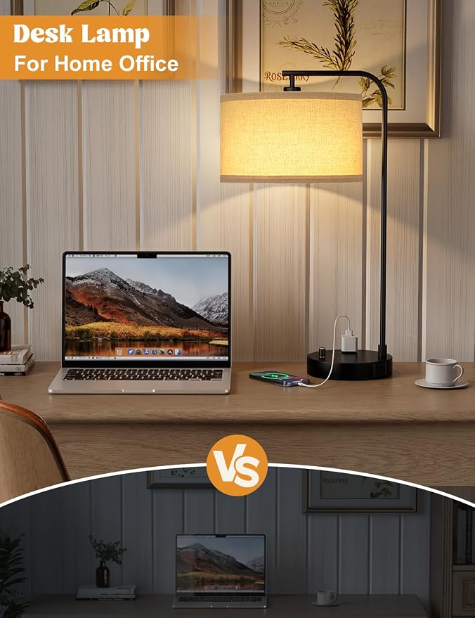 20.7" Tall Table Lamp with USB & Outlet, Fully Dimmable Nightstand Lamp | Linen Lampshade, USB Port and Outlet, Black Desk Lamp for Bedside, Living Room, Guest Room, Home Office, LED Bulb Included