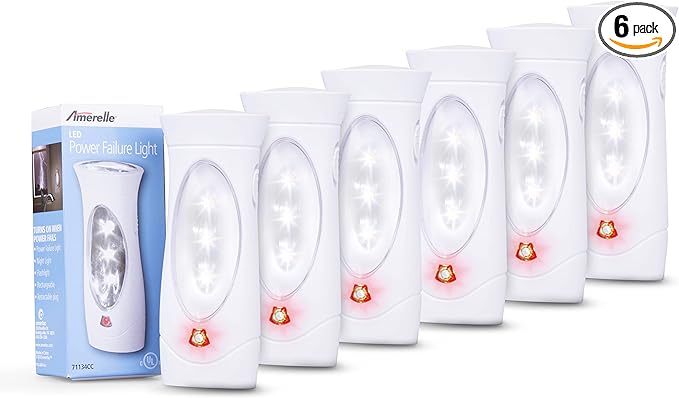 Amerelle LED Emergency Lights for Home Power Failure, 6 Pack - Triple Function Power Failure Light and Plug in Flashlight Combo, with Rechargeable Battery - Be Snow Storm & Hurricane Ready (71134)