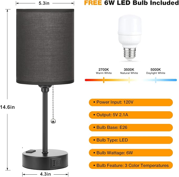 Small Bedside Table Lamp for Bedroom - Desk Lamp with USB Ports for Dorm | USB A+C Ports, AC Outlet, 3 Color Temperatures, LED Bulb Included, 14" Night Stand Lamp