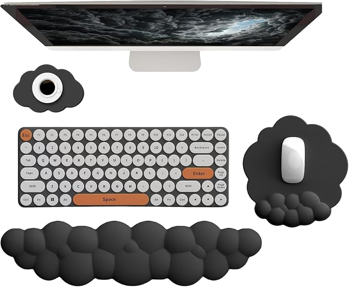 Cloud Wrist Rest Keyboard Ergonomic Wrist Pad for Keyboard and Mouse Coaster Cloud Mouse Pad Set Leather PU Non-Slip Wrist Rest Support for Computer Laptop Gaming Mac Home Office Relief Pain Black