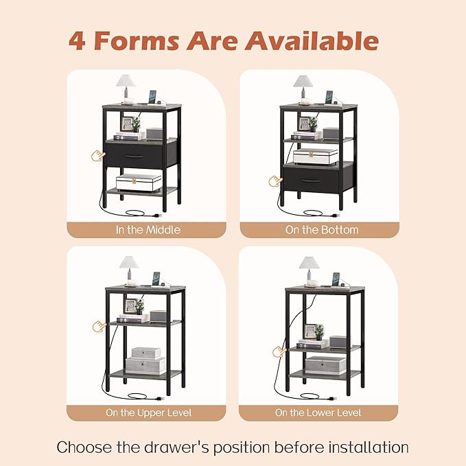 SUPERJARE Nightstand Set of 2 with Charging Station, USB-C Port, End Tables | Night Stand for Bedroom, with Adjustable Fabric Drawer, 3-Tier Storage Bedside Tables for Living Room, Charcoal Gray