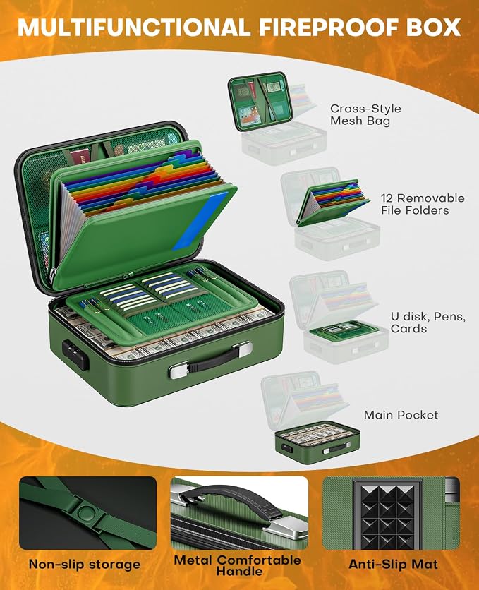Fireproof Document Box with Lock, Hard Case Safe Box Water Resistant Document Organizer for Important Documents, Passports, Certificates & Cash, Portable File Storage for Home Office, Green