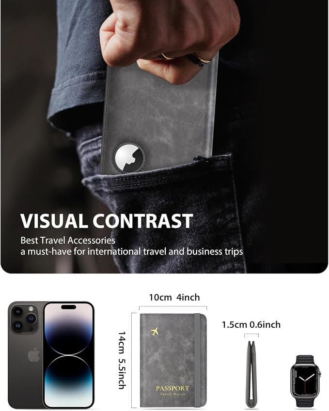 Stouchi AirTag Passport Wallet, Grey, Unisex, Faux Leather, RFID Blocking, Anti-Waterproof | Ultra-slim, Waterproof PU Leather, 5 Card Slots, RFID Blocking, AirTag Slot – Perfect for US Passports