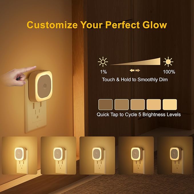 YUNLEX 2 Pack Plug in Night Light with Motion Sensor & Dusk to Dawn Sensor, 3 in 1, Dimmable Reflected Light, Warm White Nightlight for Living Room, Bathroom, Hallway, Stairs