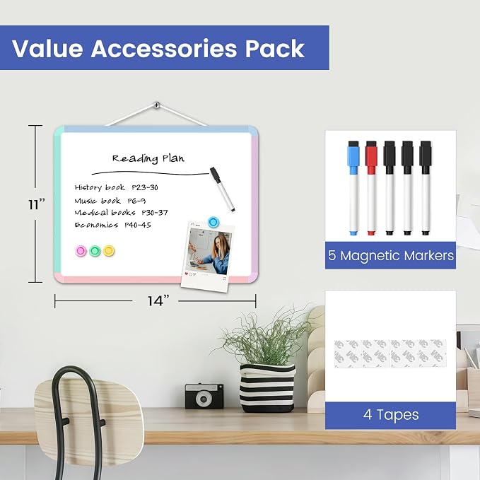 Small Wall White Board, 11" x 14" Mini Double-Sided Magnetic Dry Erase Board with Plastic Frame, Hanging Whiteboard with 5 Markers for Kids Students School Kitchen Home & Office, Colorful