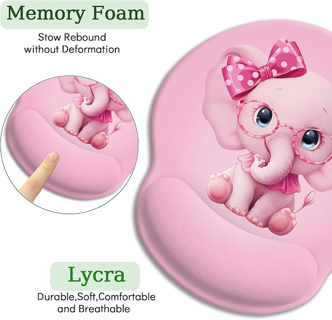 LIMKRIAN Pink Elephant Ergonomic Mouse Pad with Wrist Rest, 9.8 x 8.6 in | Non-Slip PU Base, Smooth Surface, Comfort Gel Wrist Support, Pain Relief, Cute Pink Office Desk Accessories Decor for Women