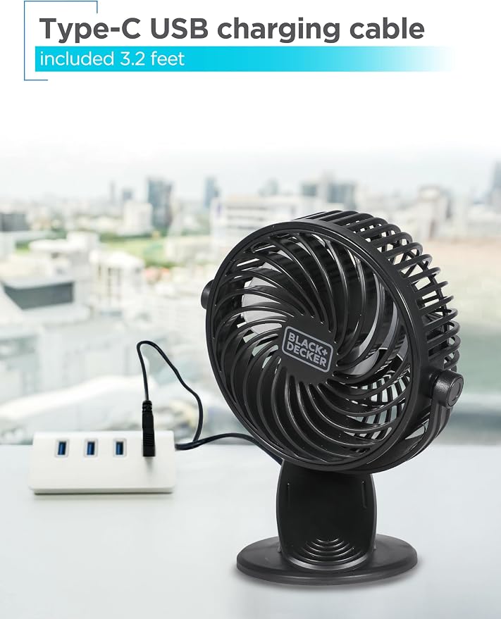 BLACK+DECKER 4" Convertible Cooling Fan, 3-Speed, Type-C USB, 2-Pack, Black | Table Clip and Standing Fan for Home or Office, Portable for Tabletop with 3 Speed Settings and Adjustable Tilt Angle, 2-Pack