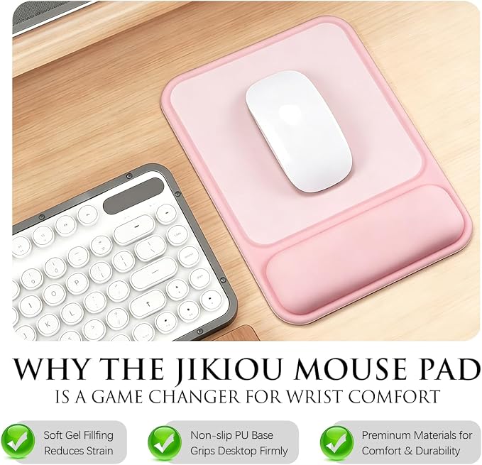 JIKIOU Ergonomic Mouse Pad with Gel Wrist Rest, 10 x 7.25 in, Pink | 40% Larger Rectangular Design-No More Hitting Edges Mid-glide, Savior of Pain Relief, Smooth Lycra Surface, Non-Slip PU Base
