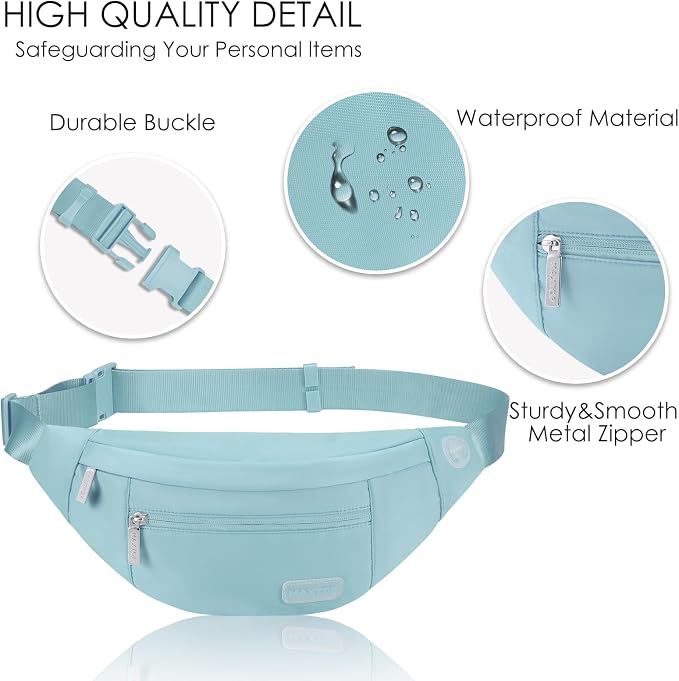 Large Dusty Blue Fanny Pack for Women Crossbody Bag Travel Essential | Nylon,Key Chain, Adjustable Strap,Headhole，Ideal for Shopping Yoga Running Cycling Traveling