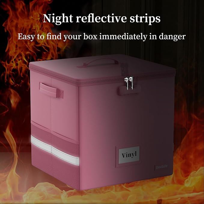 DocSafe Vinyl Record Storage Box with Lock, Fireproof＆Water Resistant Record Organizer for 100+ Single Records(12-inch), Collapsible Storage Crate with Lid&Handles for Valuable Album Collection,Pink