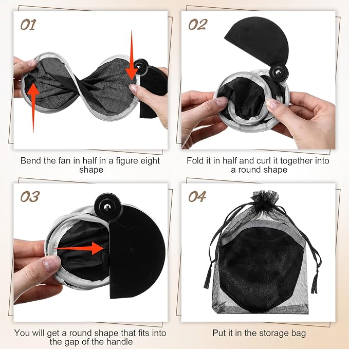 Roowest 12 Pcs 7.87“ Round Sublimation Blank Foldable Fan with Bag Polyester Colored Portable Handheld Compact Fold up Flying Disc Fans for Summer Wedding Graduation Party Favor (Black)