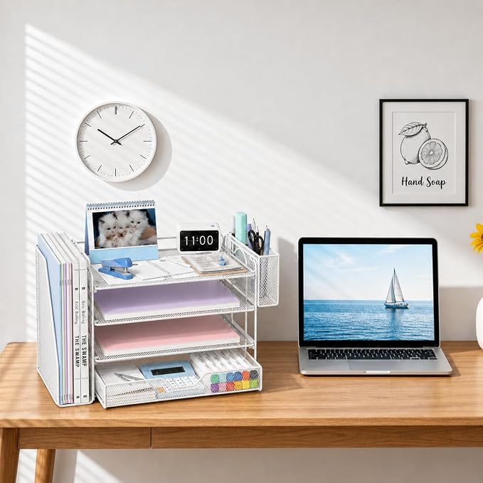 Desk Organizers and Accessories, 4-Tier Desktop File Organizer with Drawer and Pen Holders, Office Desk Accessories Workspace Organizers for Office Supplies (Soft White)