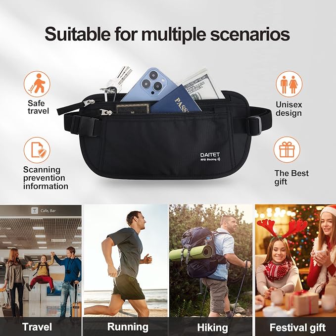 Money Belt - Passport Holder Secure Hidden Travel Wallet with RFID Blocking, Undercover Fanny Pack (Black)