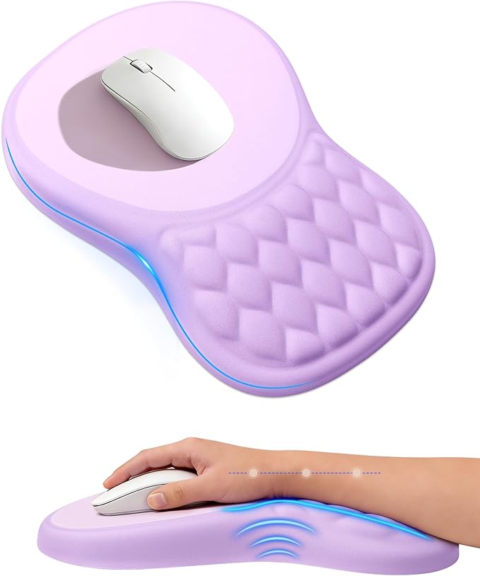Ergonomic Mouse Pad with Sloped Memory Foam Wrist Rest, Purple&Grey | 3D Textured Wrist Cushion, Smooth Lycra Surface, Non-Slip PU Base, Comfortable Support for Office/Home Computer Desks