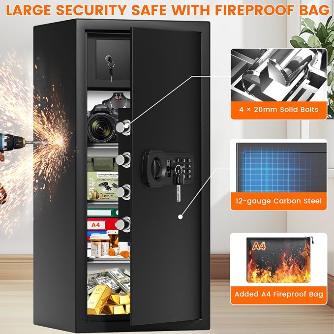 31.5"H Large Safe Box for Home & Office | 8.0 Cu Ft Heavy Carbon Steel Safe | Electronic Combination Lock | Double Safer - Add A4 Fire Waterproof Bag & Built-in Lock Box | Wall & Floor Mount for Valuable