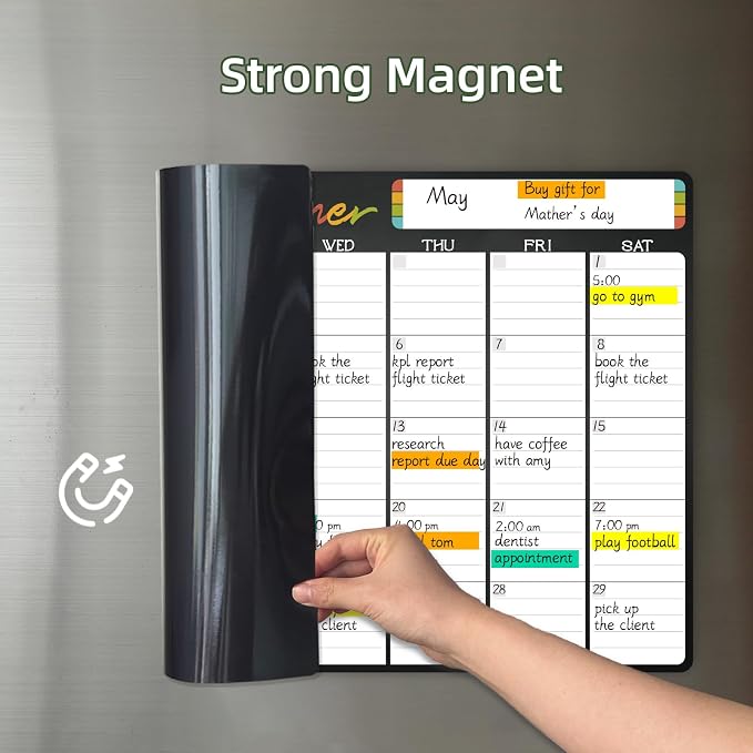 Magnetic Dry Erase Monthly Calendar - 17"x12" Monthly Calendar for Fridge - 36 Reusable Highlight Tabs - 6 Extra Fine Point Markers Included - Shipped Flat
