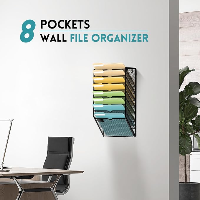 8 Tier Wall File Organizer, Hanging Wall Mounted Mail Organizer with Label Slots, Metal Mesh File Holder Magazine Rack for Office, Home, School or Classroom, Black