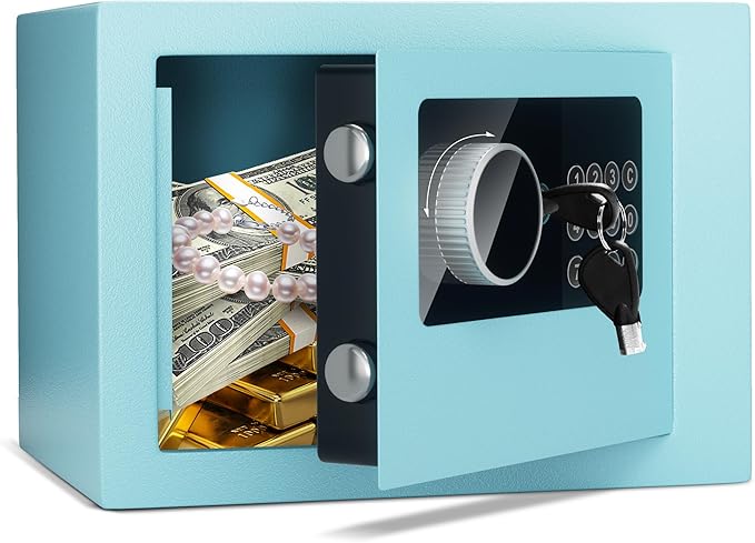 Digital Electronic Money Safe, Steel Security Lock Box with Keypad, Office Hotel Business Jewelry Gun Cash Safe, 0.23 Cubic Feet, 9.06" W x 6.69" D x 6.69" H（blue）