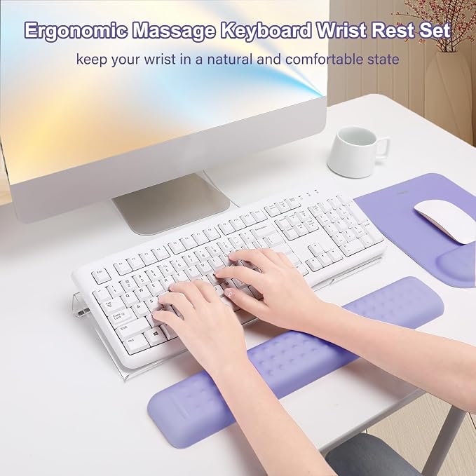 MOSISO Keyboard Stand&Wrist Rest Support for Keyboard &Mouse Pad Set | Ergonomic Massage Wrist Rest Set, Easy Typing Working Acrylic Clear Stand for Office Home, Purple
