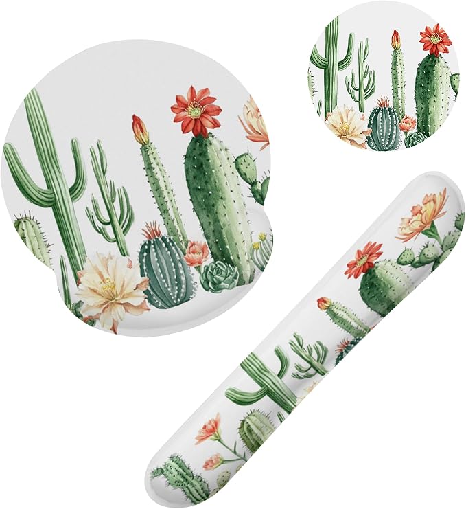 Cactus Succulent Greenery Flower Keyboard Wrist Rest Pad and Mouse Pad Wrist Support Set,3-in-1 Ergonomic Mouse Pad with Non-Slip Rubber Base for Home Office Game Computers Desk,