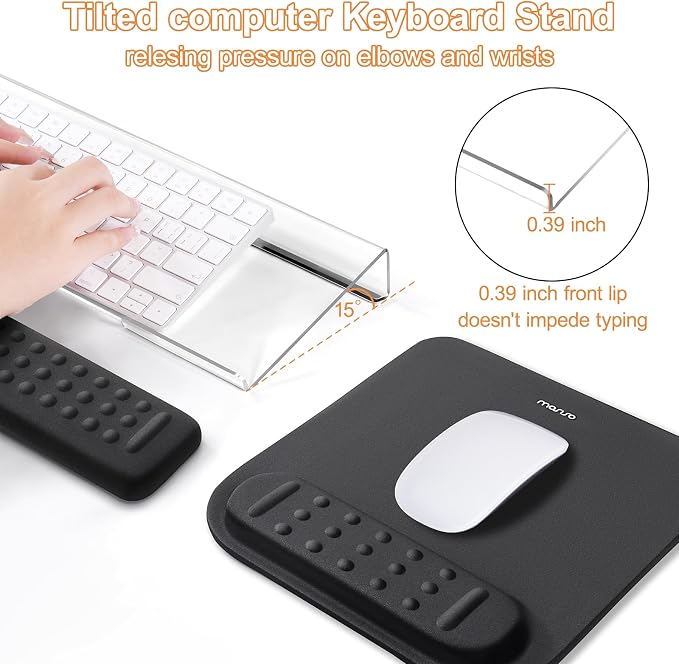 MOSISO Keyboard Stand&Wrist Rest Support for Keyboard &Mouse Pad Set | Ergonomic Massage Wrist Rest Set, Easy Typing Working Acrylic Clear Stand for Office Home, Black