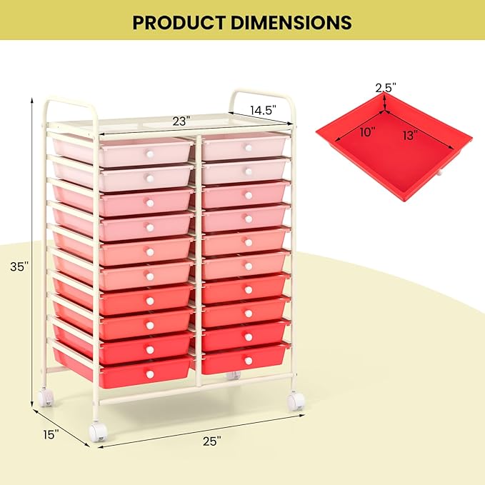 COSTWAY 20-Drawer Rolling Storage Cart, Utility Storage Organizer Cart | For Tools, Scrapbook, Paper, Craft, Multipurpose Storage Trolley on Wheels for Home Office School (Mixed Pink)